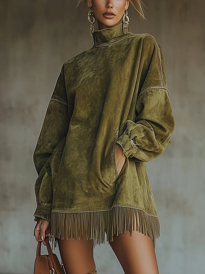 Women's Mock Neck Fringe Hem Mini Knit Sweater Dress
