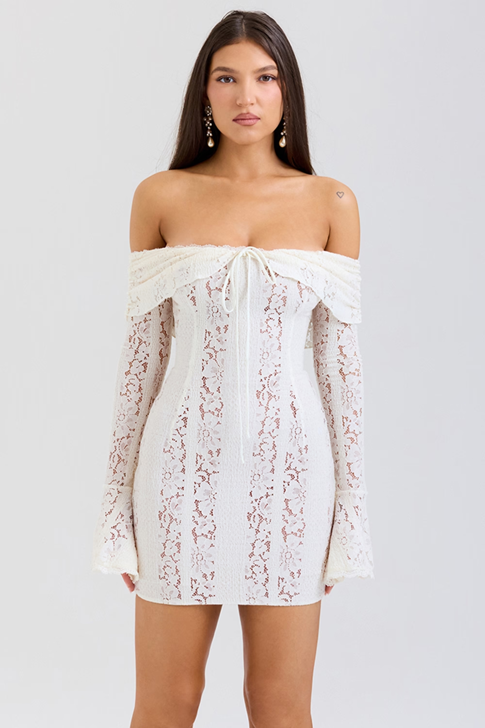 Women's Off Shoulder Lace White Mini Dress, Wedding Guest