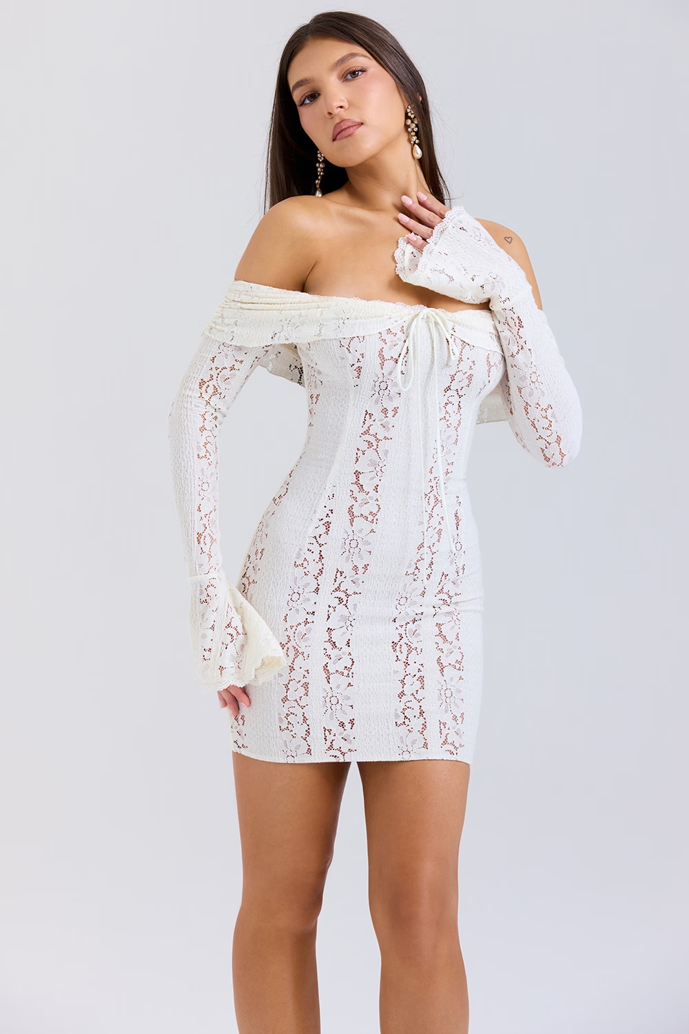 Women's Off Shoulder Lace White Mini Dress, Wedding Guest