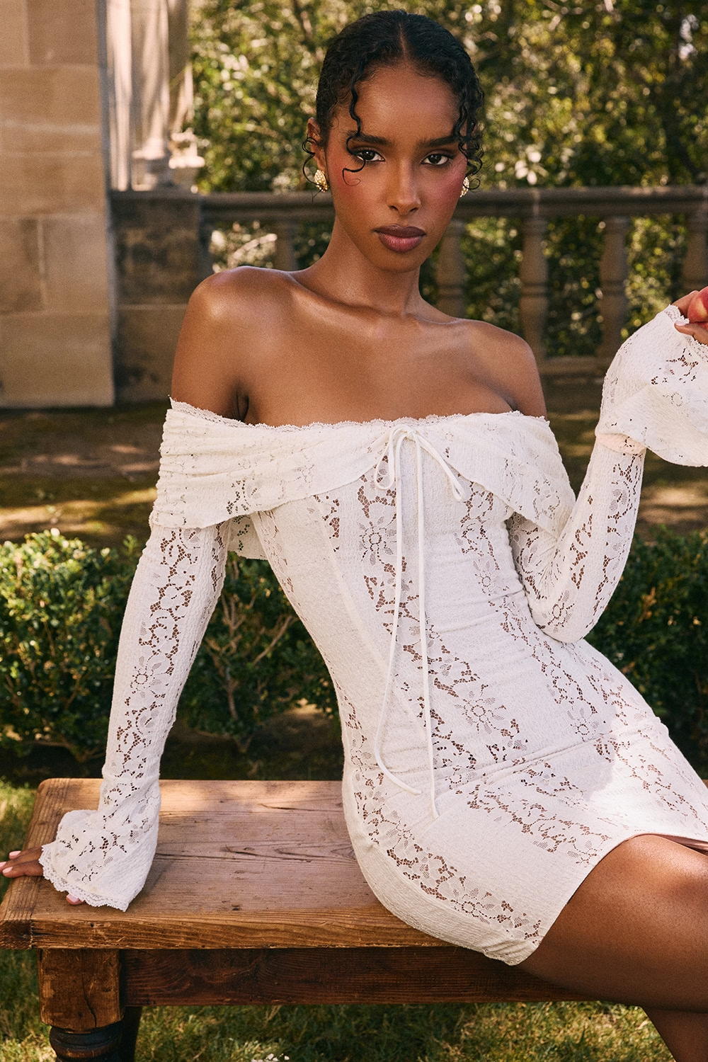 Women's Off Shoulder Lace White Mini Dress, Wedding Guest