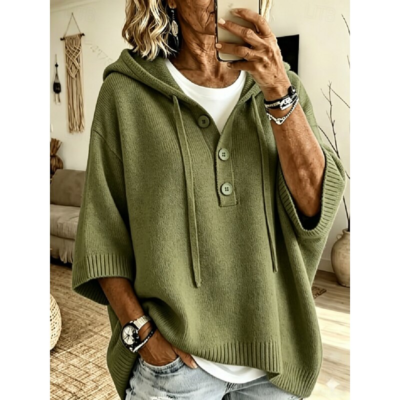 Women's Oversized Hooded Button Placket Knit Sweater