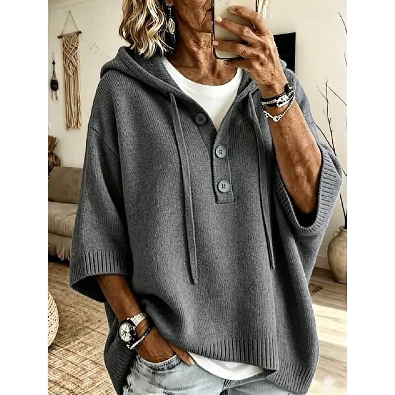 Women's Oversized Hooded Button Placket Knit Sweater