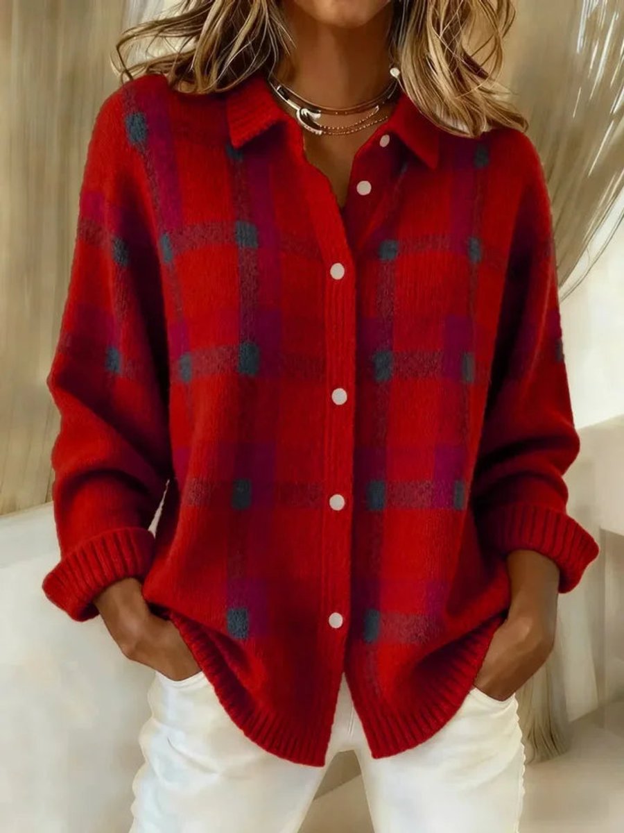 Women's Oversized Plaid Knit Snap Button Cardigan Sweater