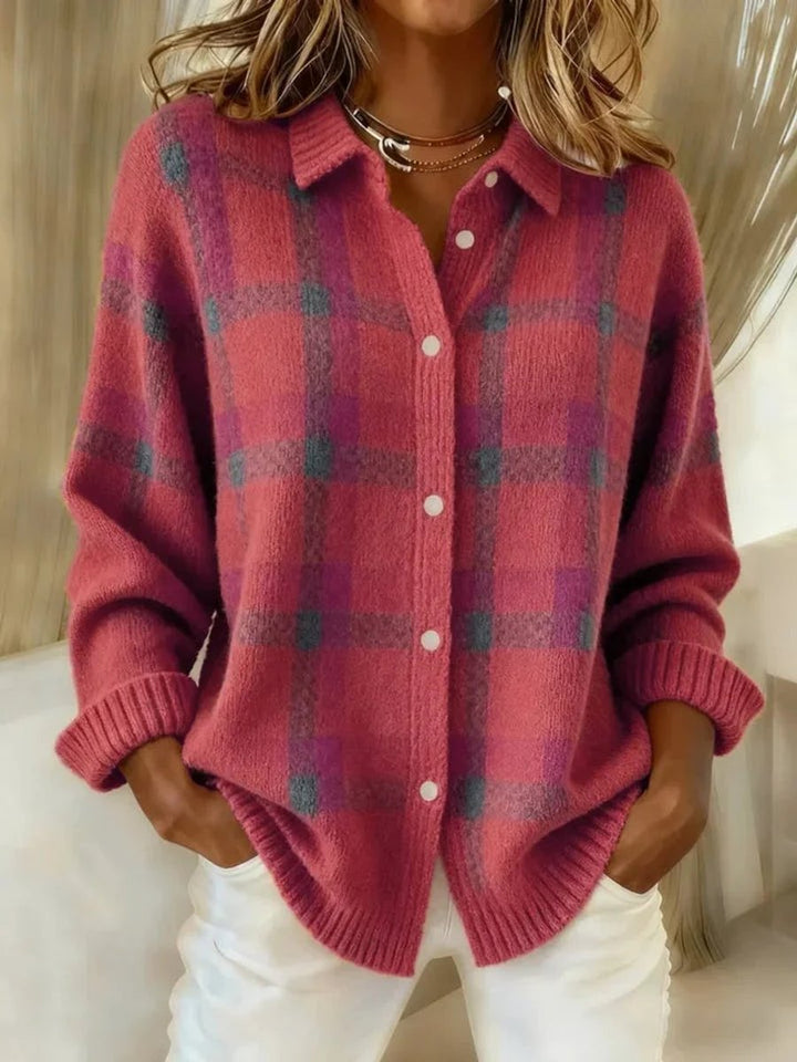 Women's Oversized Plaid Knit Snap Button Cardigan Sweater