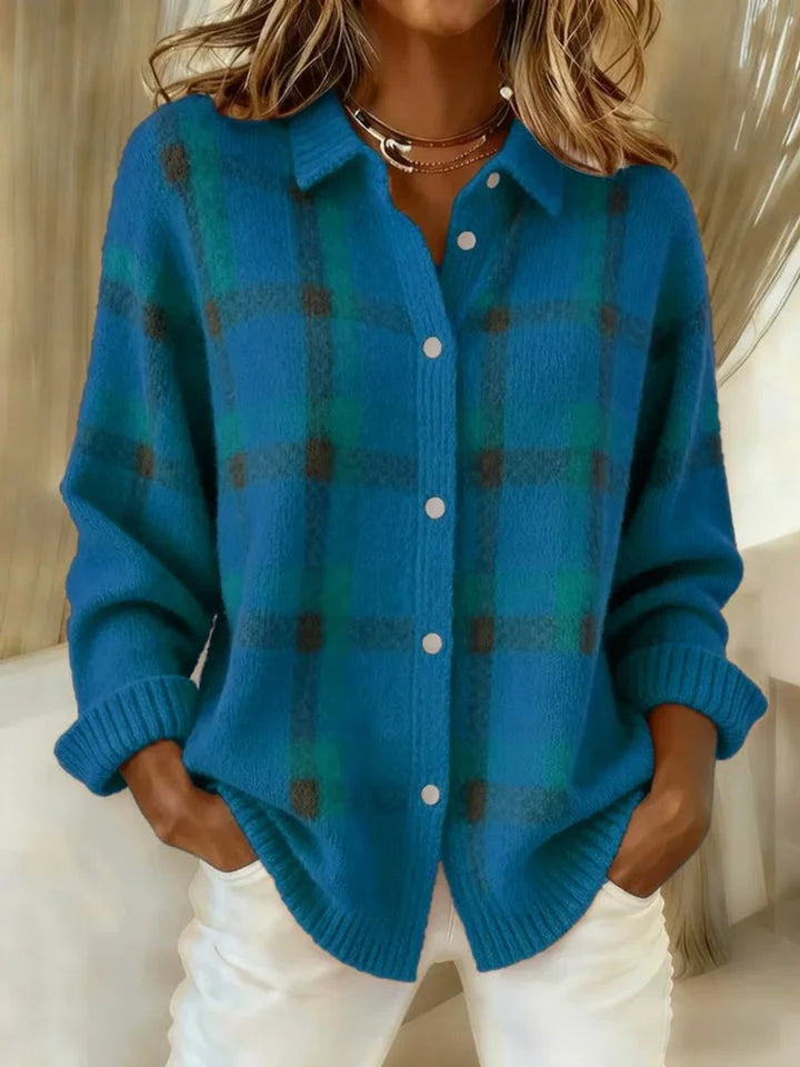 Women's Oversized Plaid Knit Snap Button Cardigan Sweater
