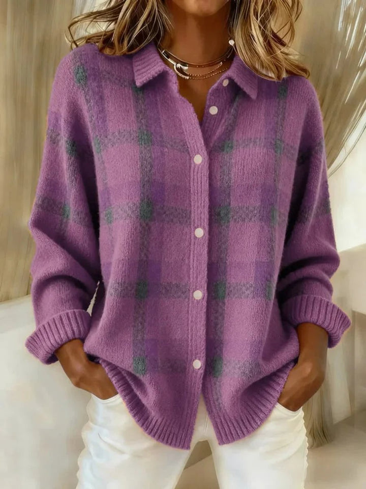 Women's Oversized Plaid Knit Snap Button Cardigan Sweater