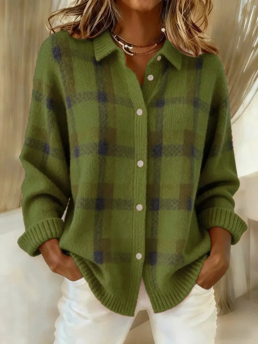 Women's Oversized Plaid Knit Snap Button Cardigan Sweater