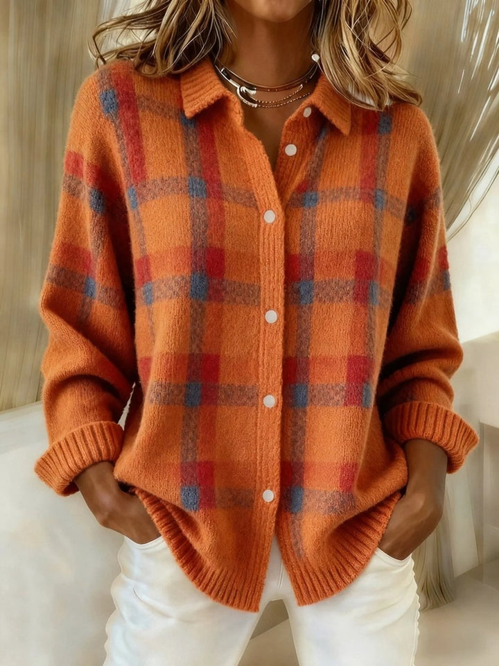 Women's Oversized Plaid Knit Snap Button Cardigan Sweater