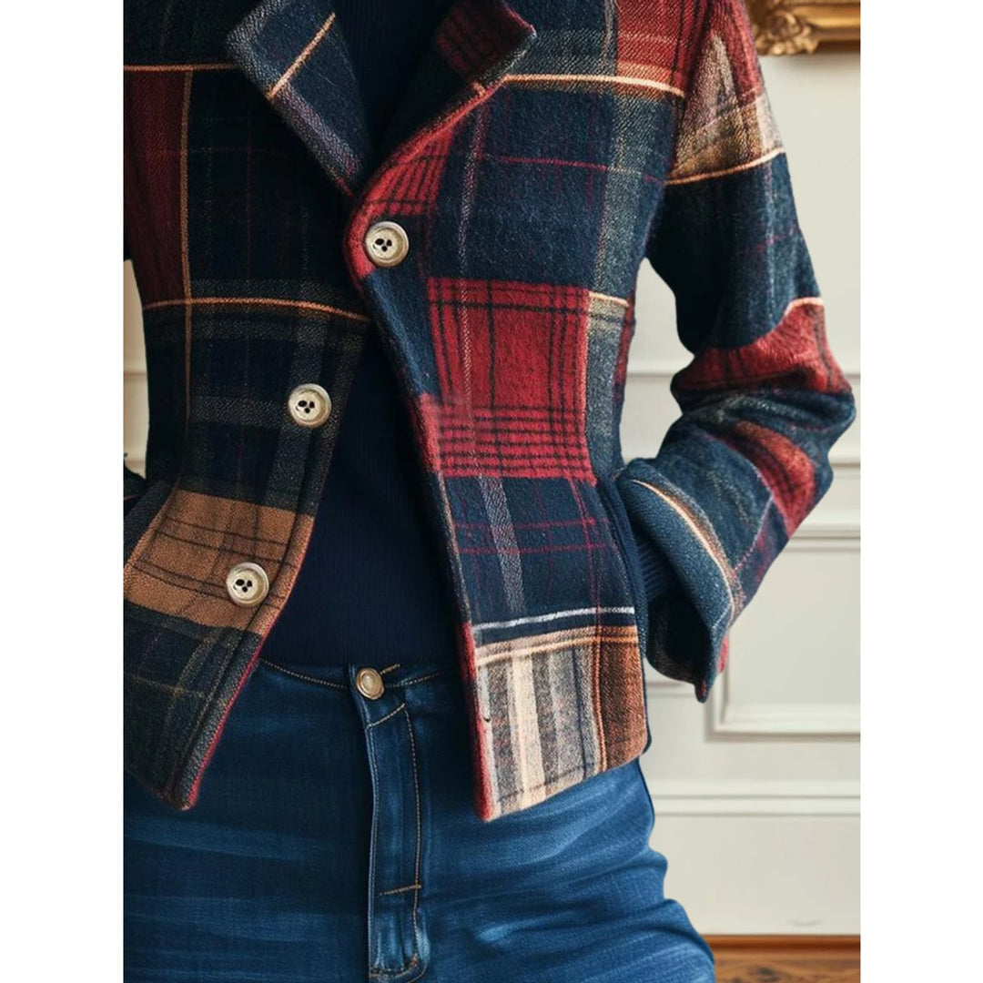 Women's Plaid Patchwork Single Breasted Wool Blend Jacket