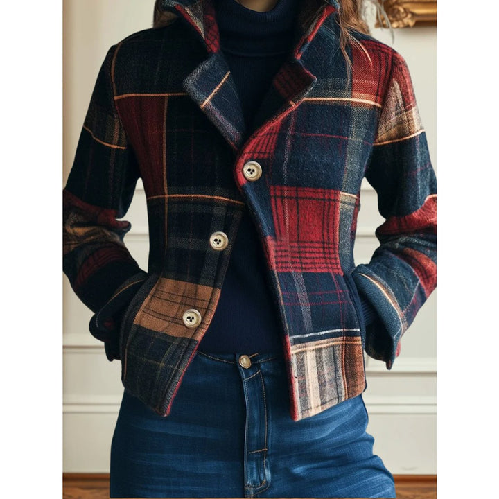 Women's Plaid Patchwork Single Breasted Wool Blend Jacket