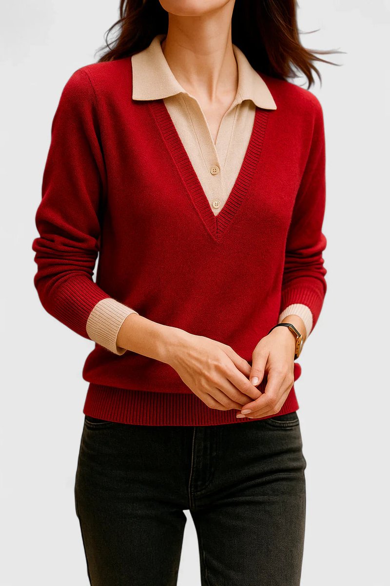 Women's Polo Collar V-Neck Button Cuff Knit Sweater