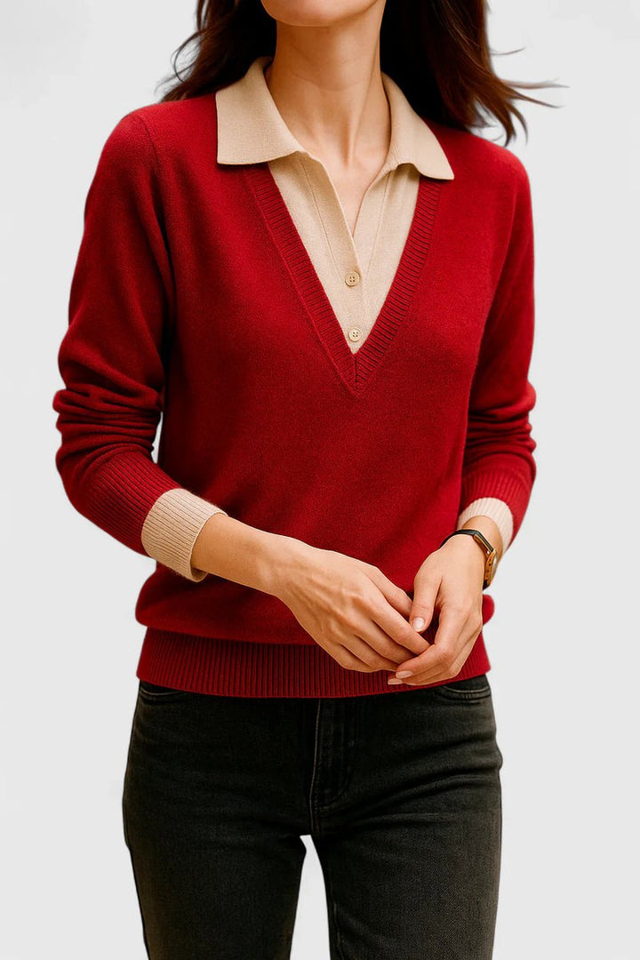Women's Polo Collar V-Neck Button Cuff Knit Sweater