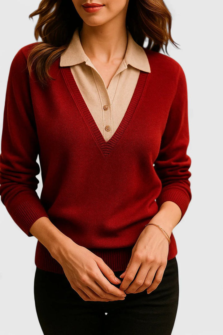 Women's Polo Collar V-Neck Button Cuff Knit Sweater