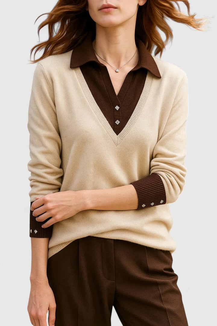 Women's Polo Collar V-Neck Button Cuff Knit Sweater