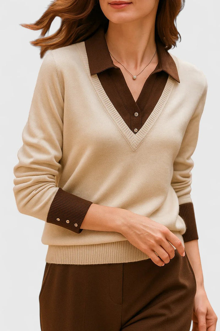 Women's Polo Collar V-Neck Button Cuff Knit Sweater