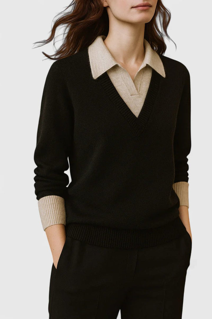 Women's Polo Collar V-Neck Button Cuff Knit Sweater