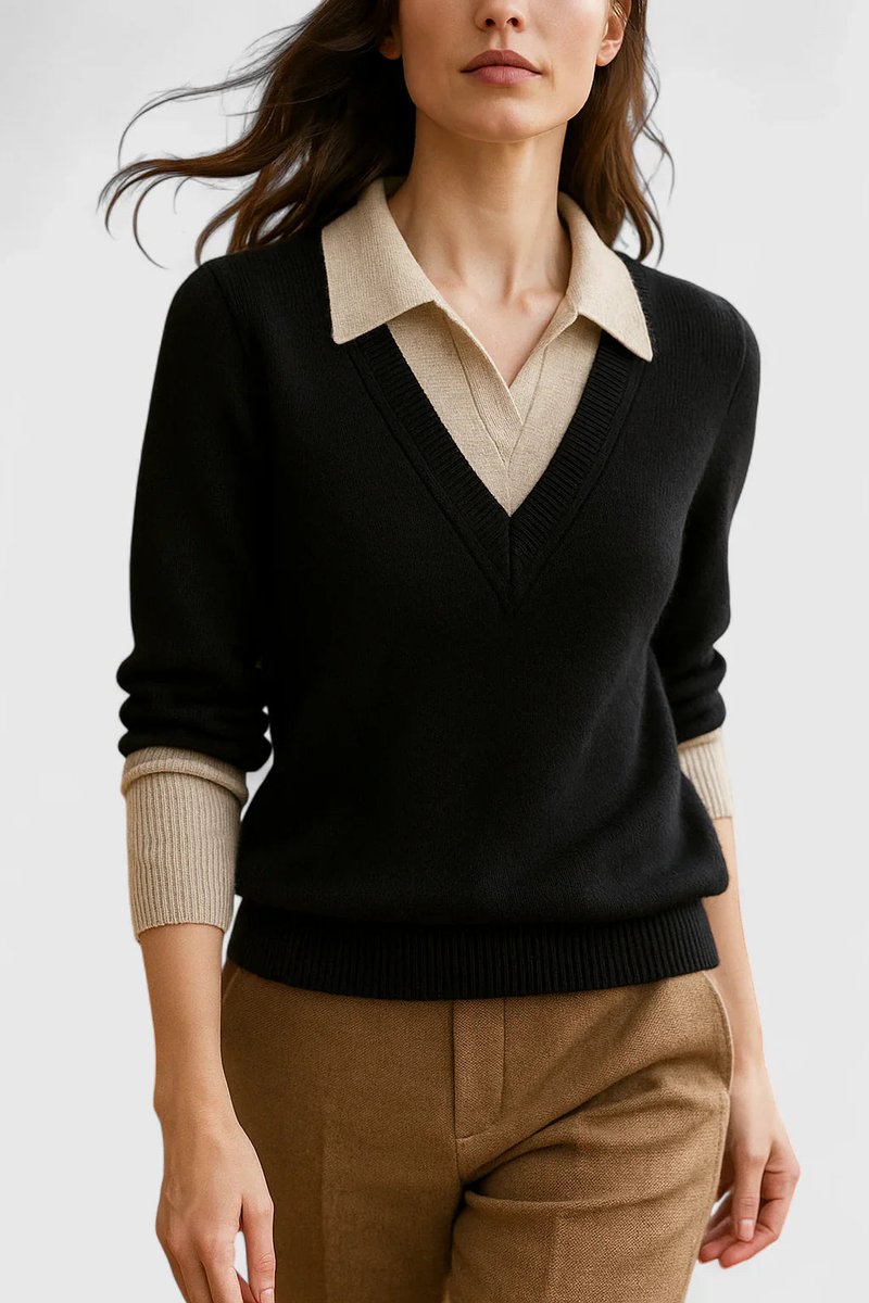 Women's Polo Collar V-Neck Button Cuff Knit Sweater