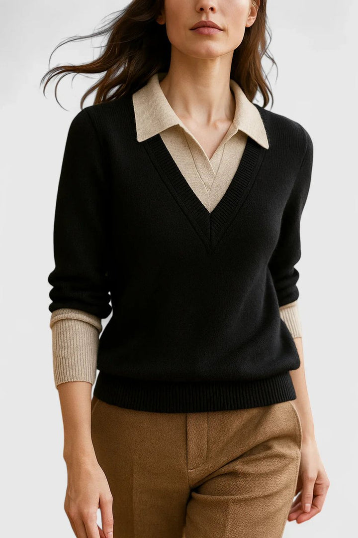 Women's Polo Collar V-Neck Button Cuff Knit Sweater