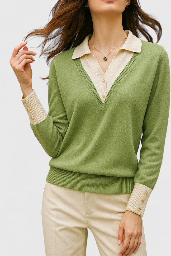 Women's Polo Collar V-Neck Button Cuff Knit Sweater