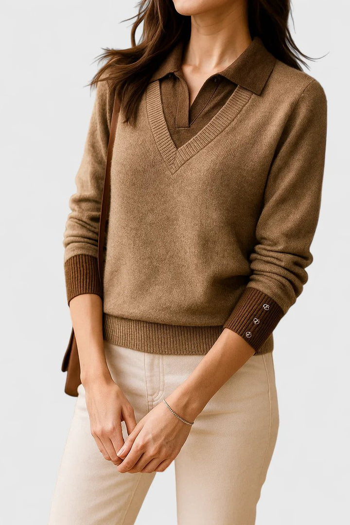 Women's Polo Collar V-Neck Button Cuff Knit Sweater