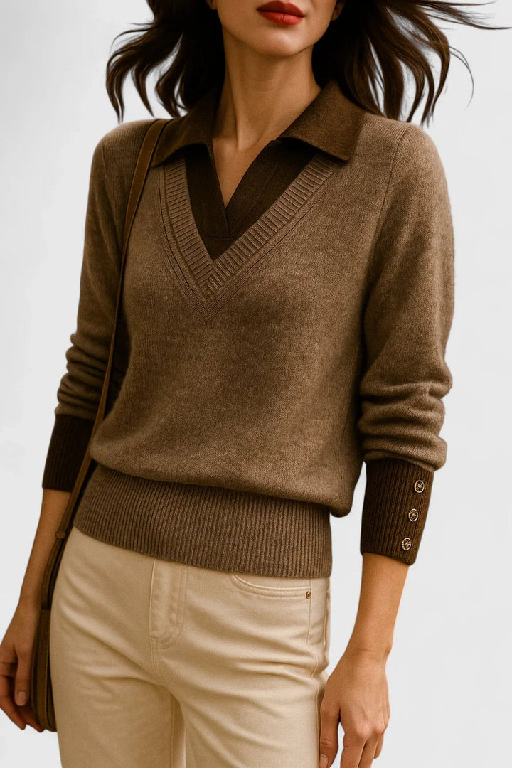 Women's Polo Collar V-Neck Button Cuff Knit Sweater