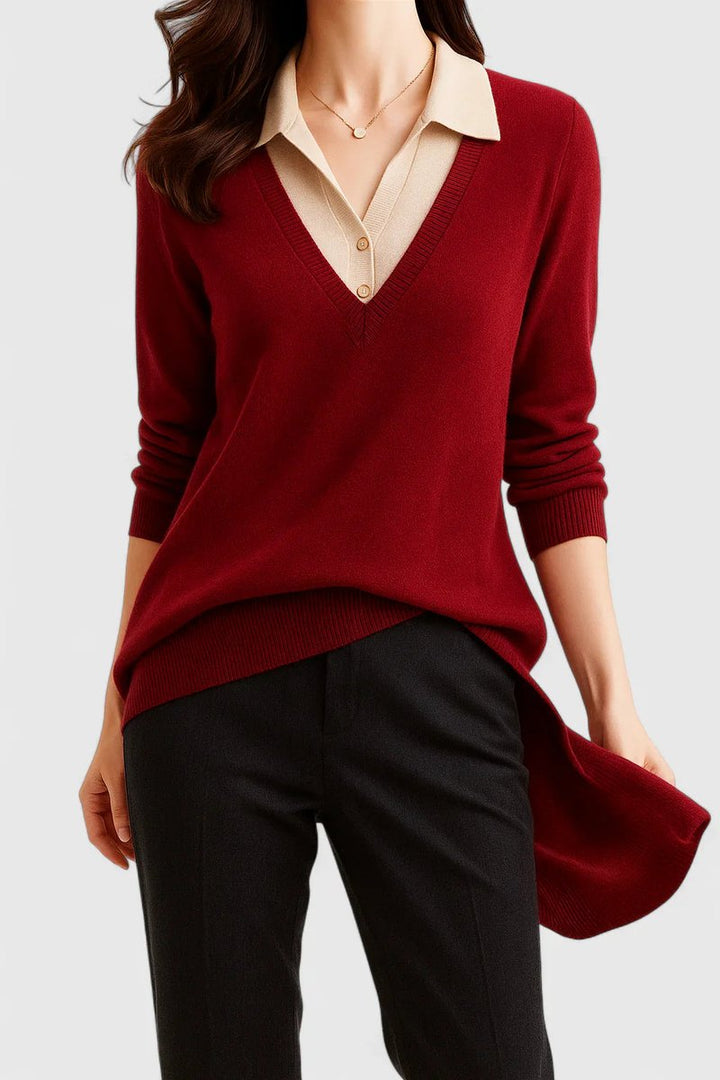 Women's Polo Collar V-Neck Button Cuff Knit Sweater