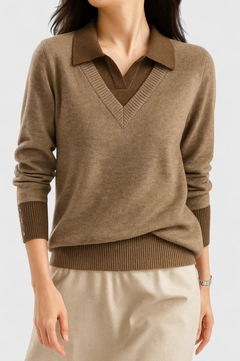 Women's Polo Collar V-Neck Button Cuff Knit Sweater