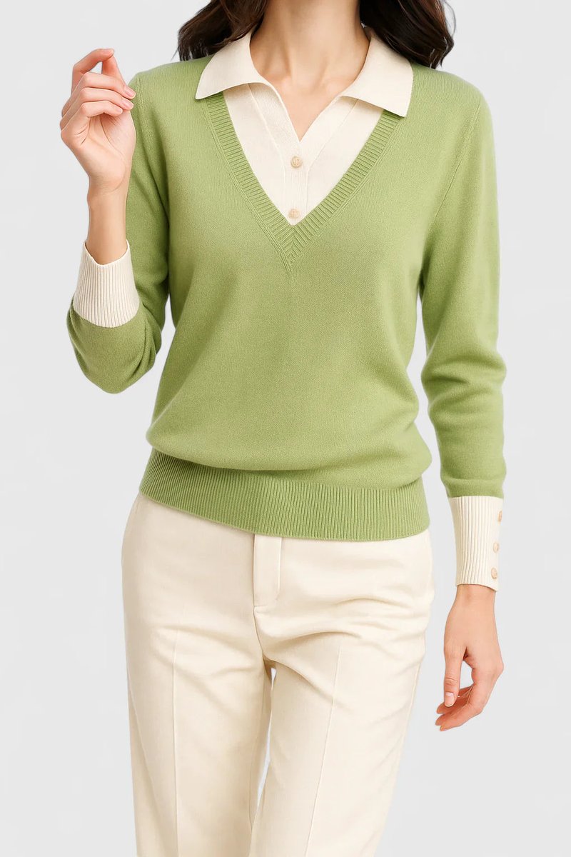 Women's Polo Collar V-Neck Button Cuff Knit Sweater