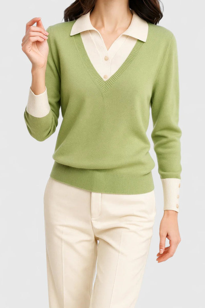 Women's Polo Collar V-Neck Button Cuff Knit Sweater