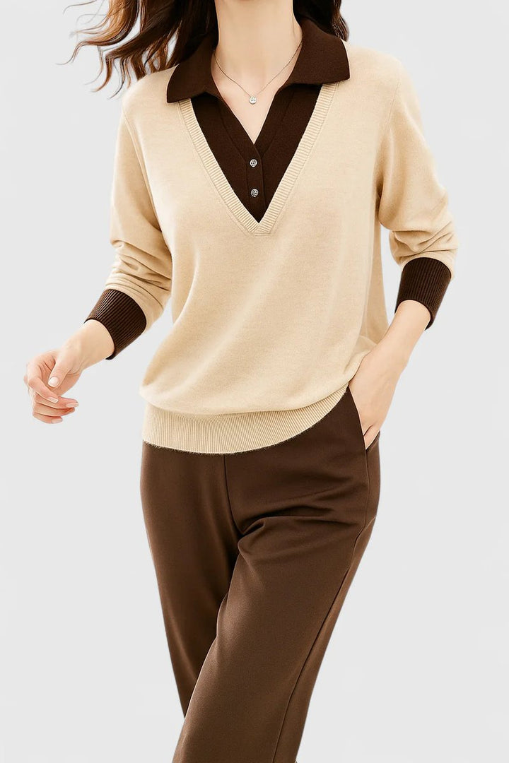 Women's Polo Collar V-Neck Button Cuff Knit Sweater