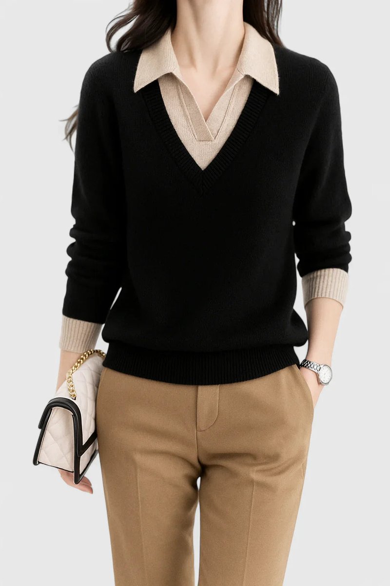 Women's Polo Collar V-Neck Button Cuff Knit Sweater