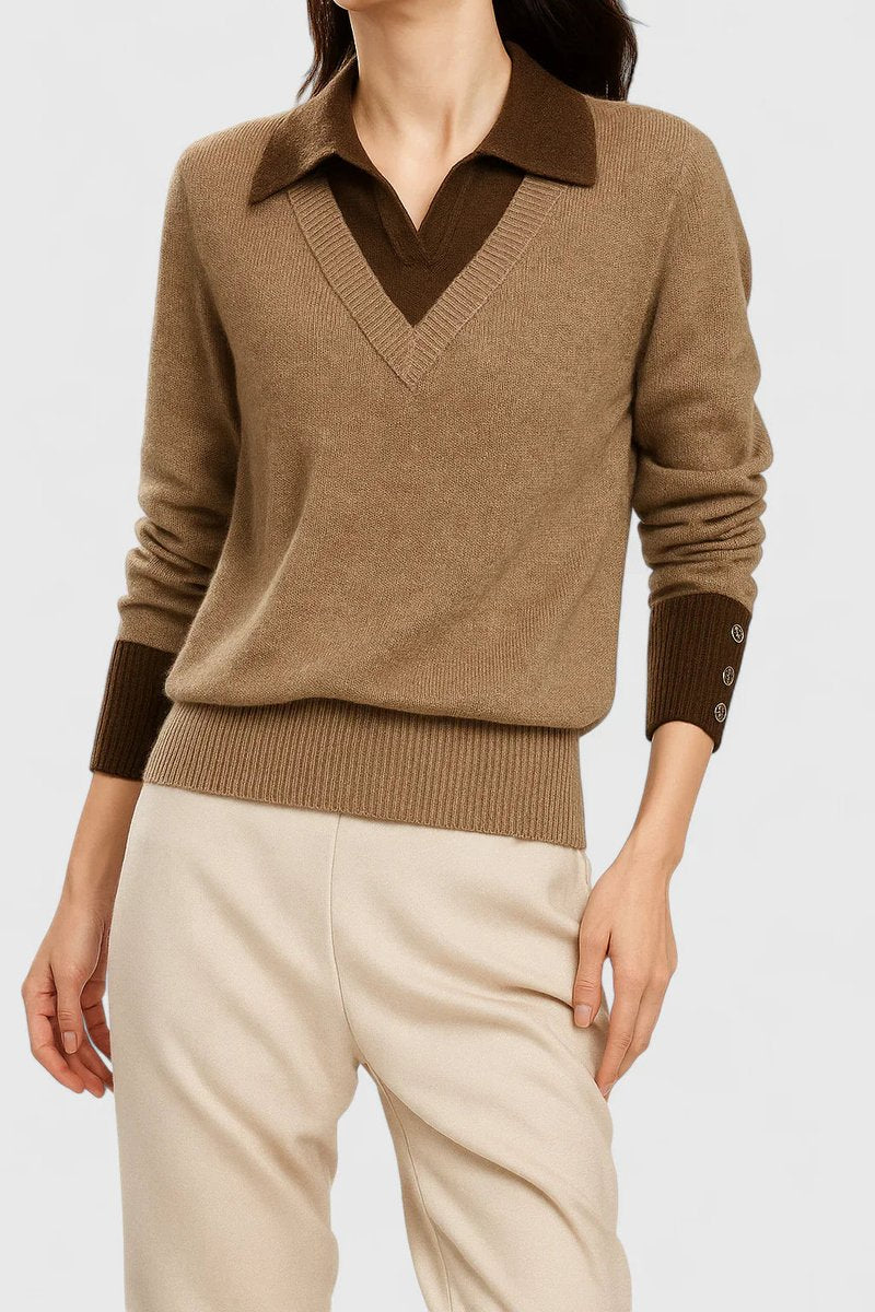 Women's Polo Collar V-Neck Button Cuff Knit Sweater