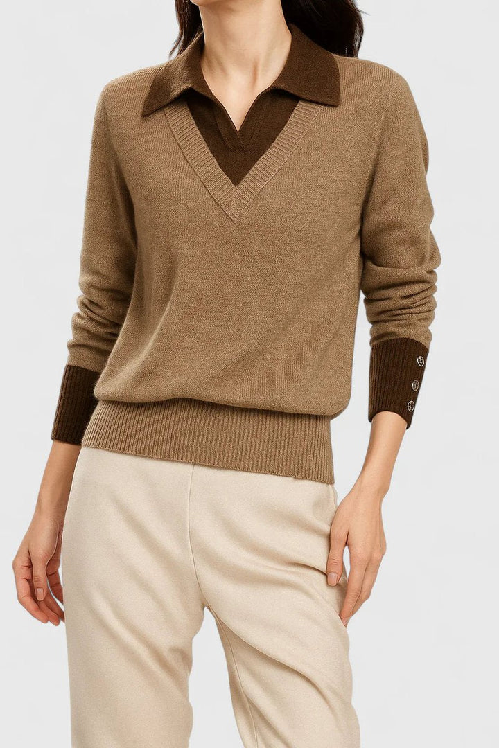 Women's Polo Collar V-Neck Button Cuff Knit Sweater