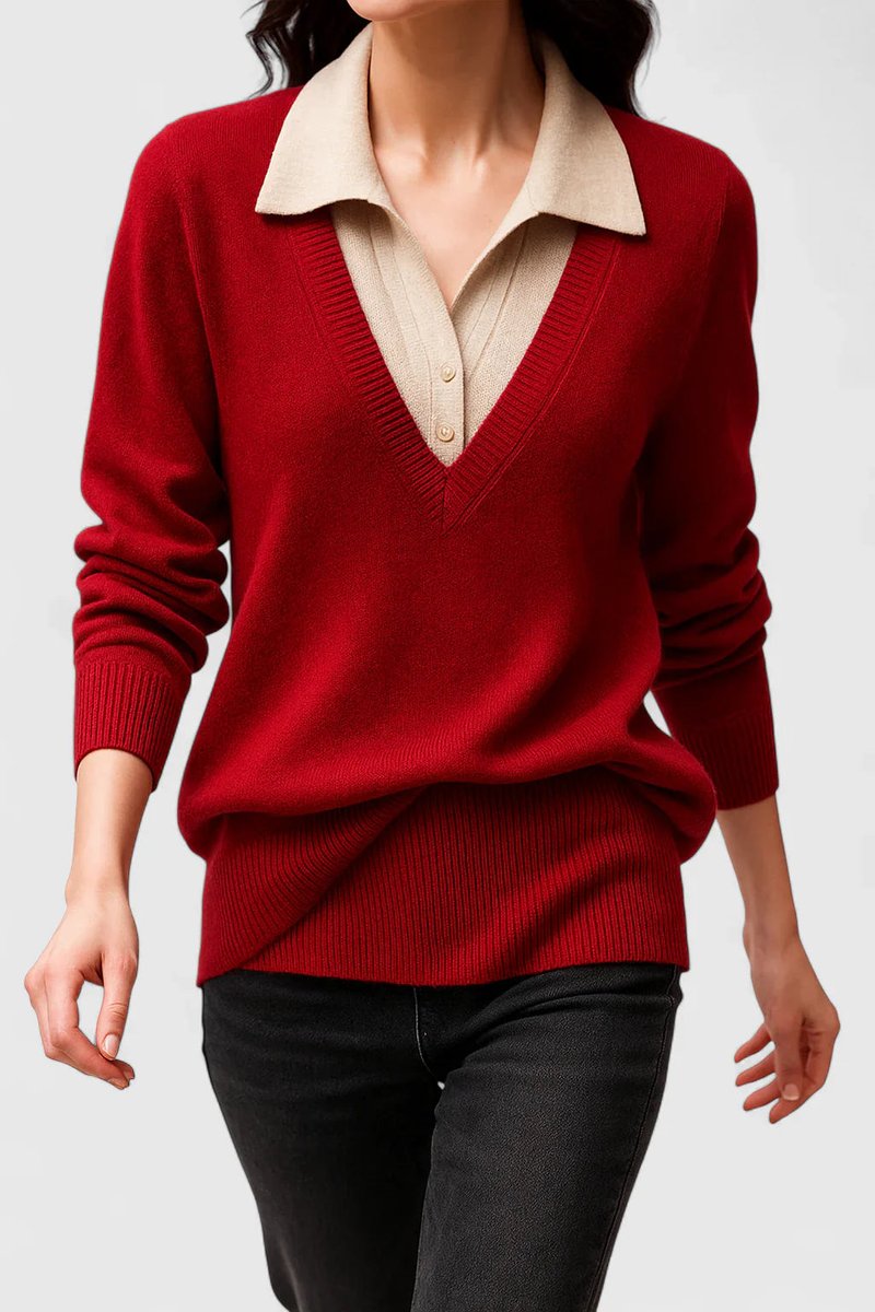 Women's Polo Collar V-Neck Button Cuff Knit Sweater