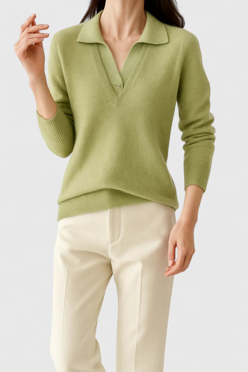 Women's Polo Collar V-Neck Button Cuff Knit Sweater