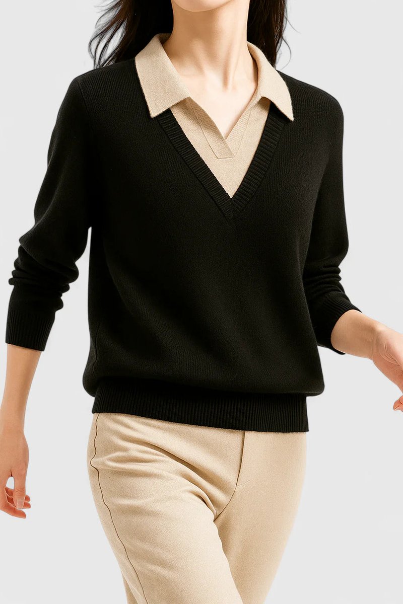 Women's Polo Collar V-Neck Button Cuff Knit Sweater