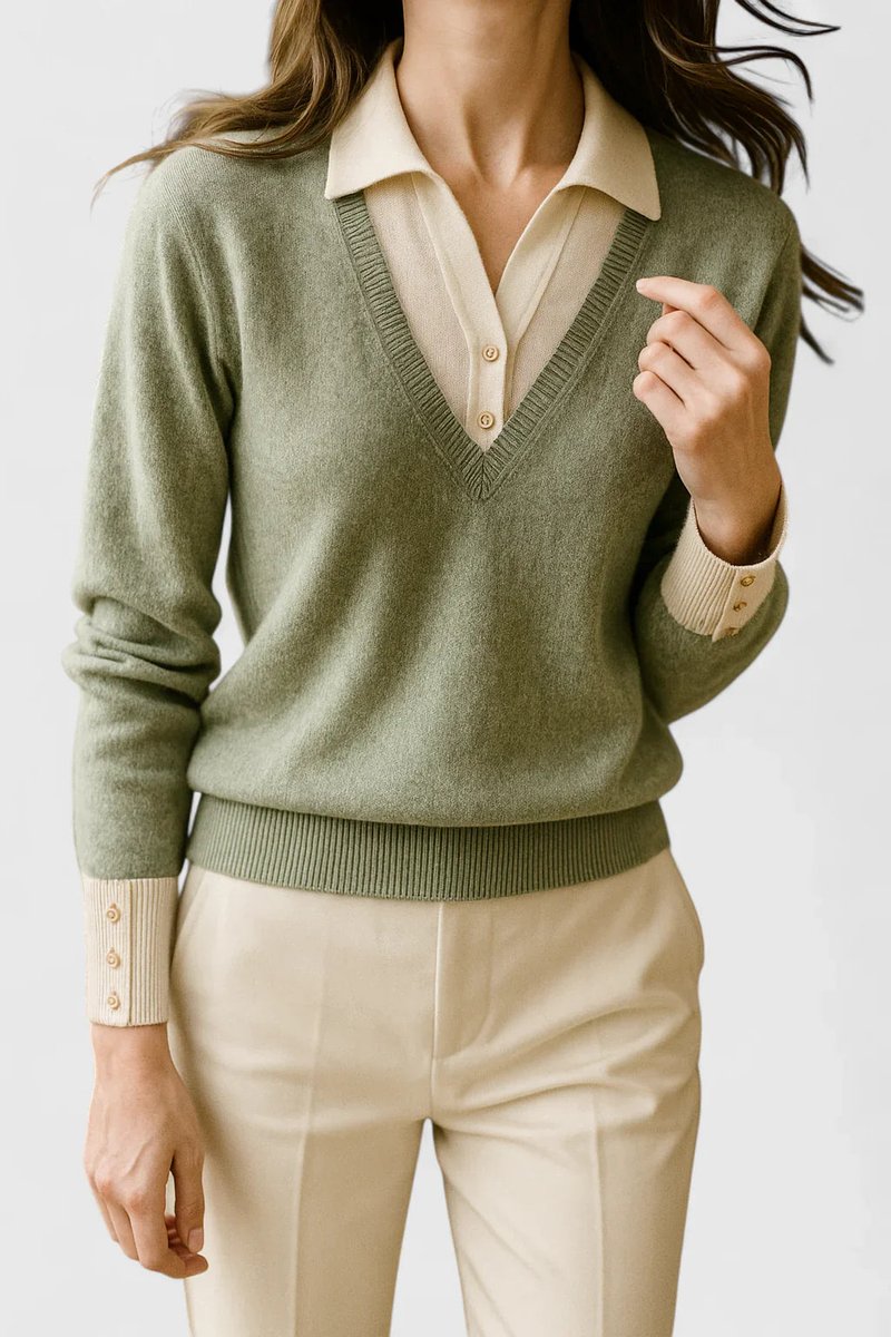 Women's Polo Collar V-Neck Button Cuff Knit Sweater