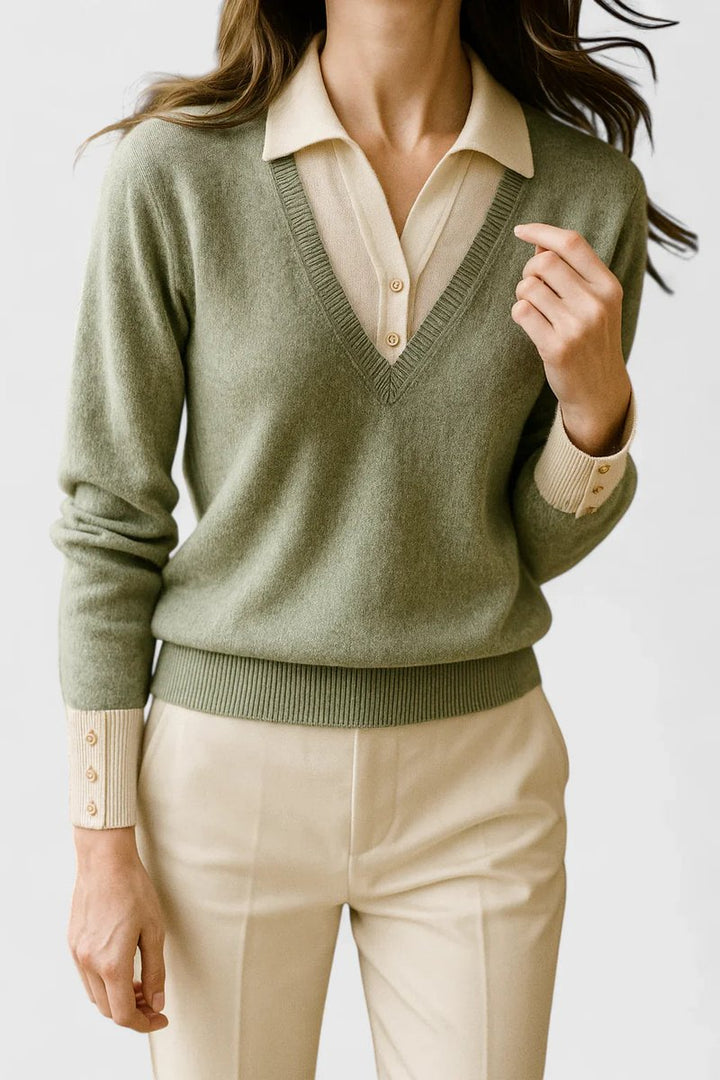Women's Polo Collar V-Neck Button Cuff Knit Sweater