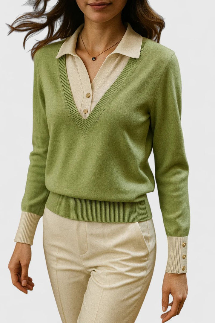 Women's Polo Collar V-Neck Button Cuff Knit Sweater