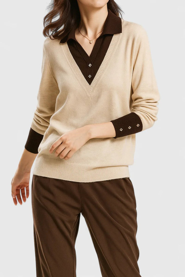 Women's Polo Collar V-Neck Button Cuff Knit Sweater
