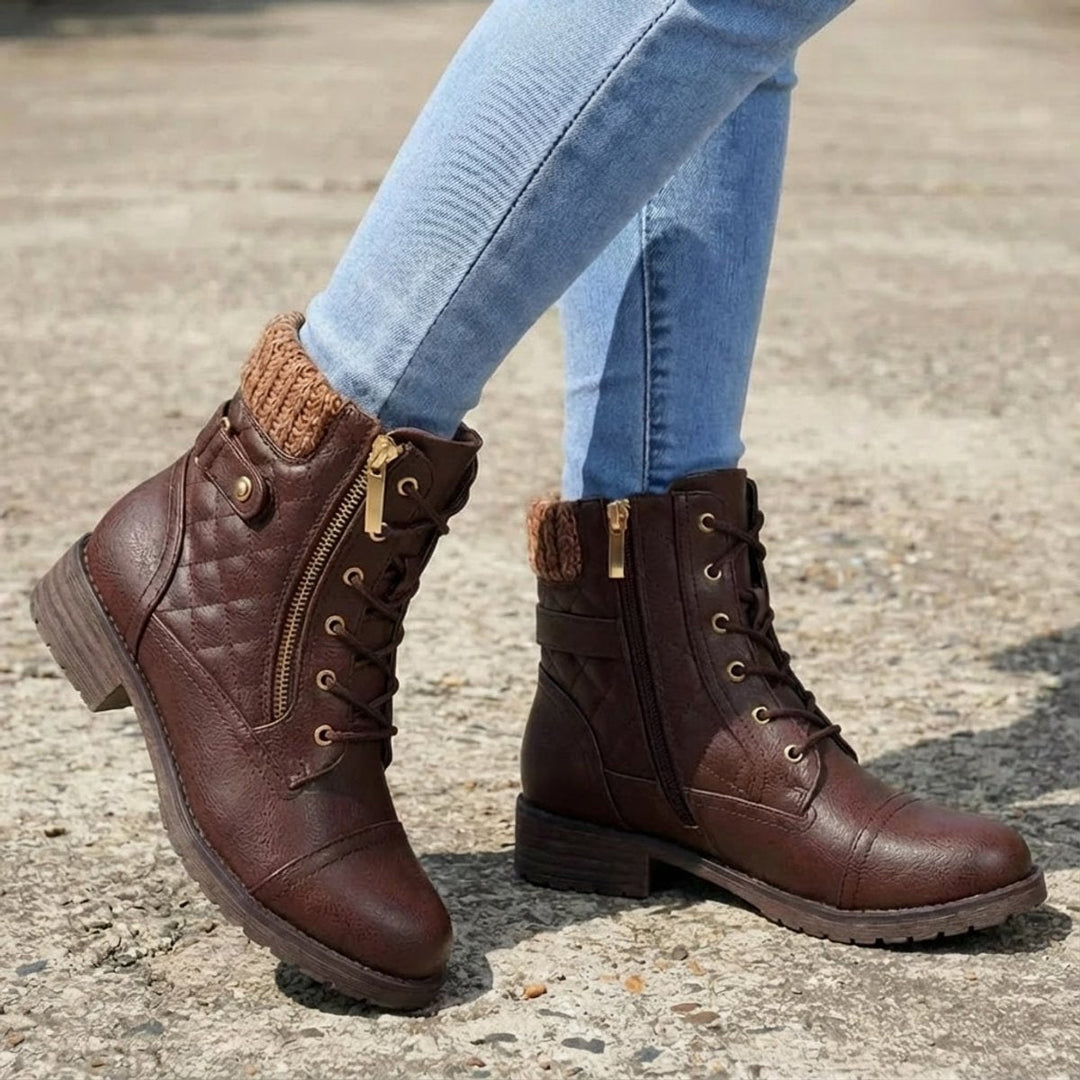 Women's Quilted Faux Leather Lace Up Side Zip Ankle Boots