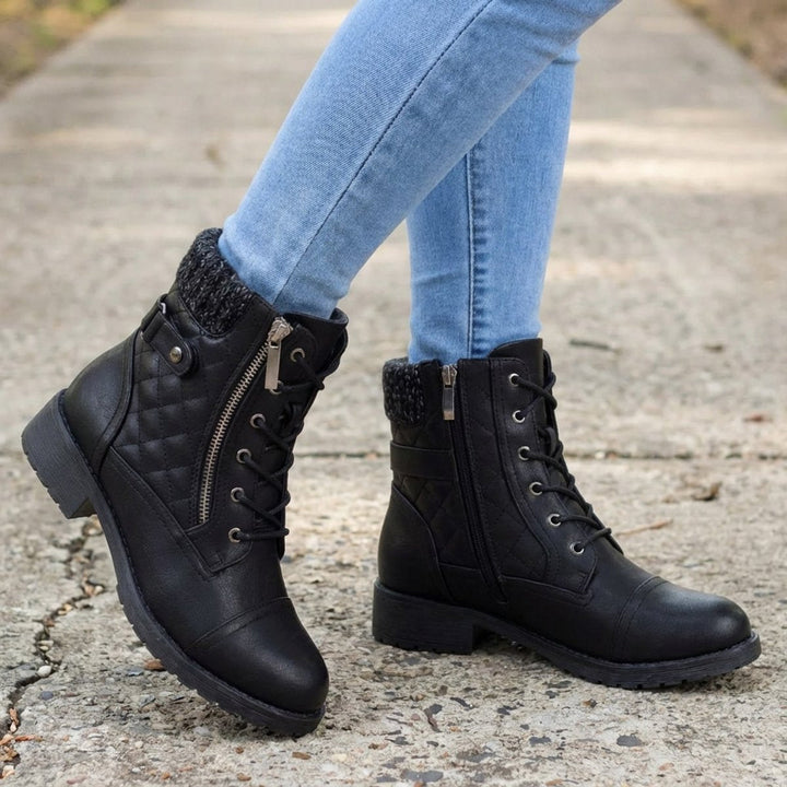 Women's Quilted Faux Leather Lace Up Side Zip Ankle Boots