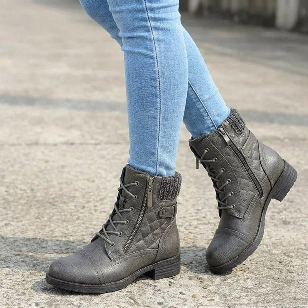 Women's Quilted Faux Leather Lace Up Side Zip Ankle Boots
