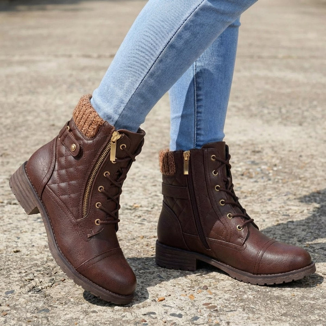 Women's Quilted Faux Leather Lace Up Side Zip Ankle Boots