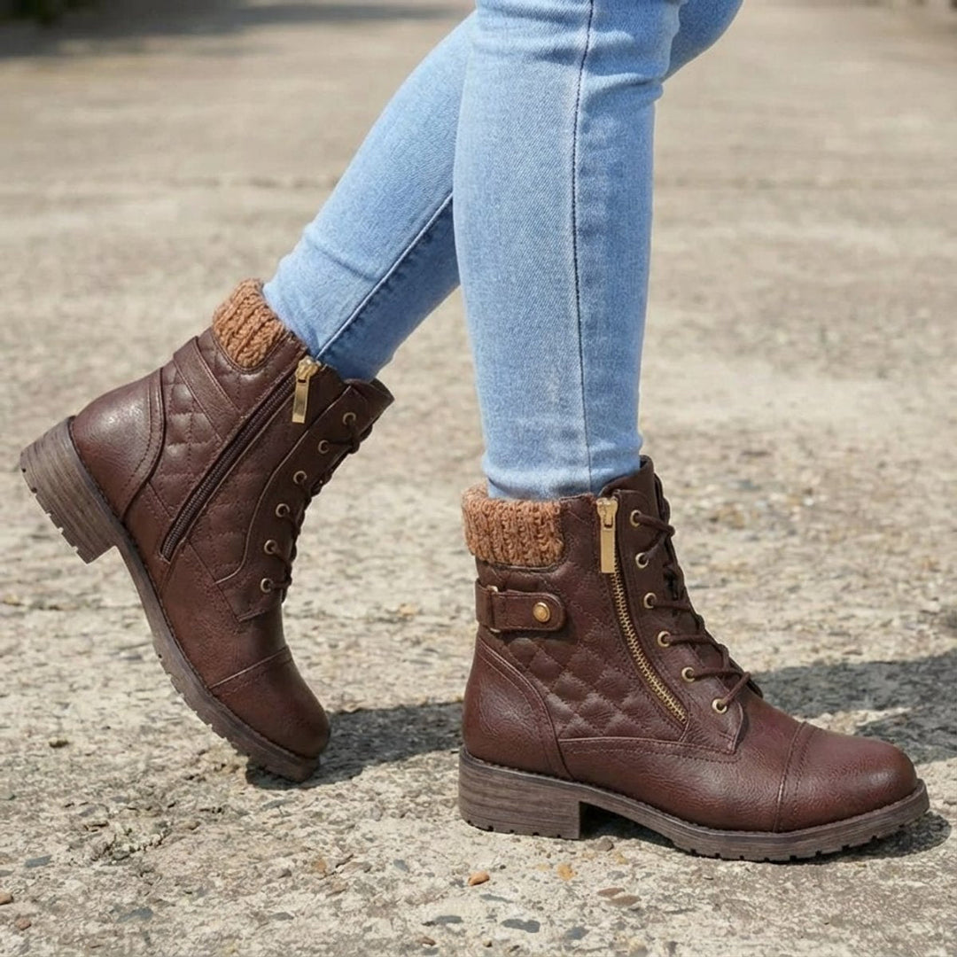 Women's Quilted Faux Leather Lace Up Side Zip Ankle Boots