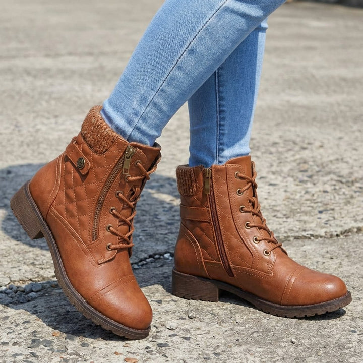Women's Quilted Faux Leather Lace Up Side Zip Ankle Boots