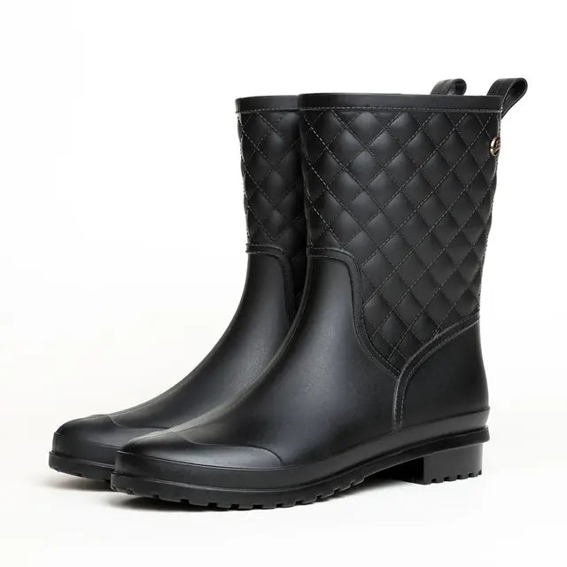 Women's Quilted Mid Calf Block Heel Waterproof Rain Boots