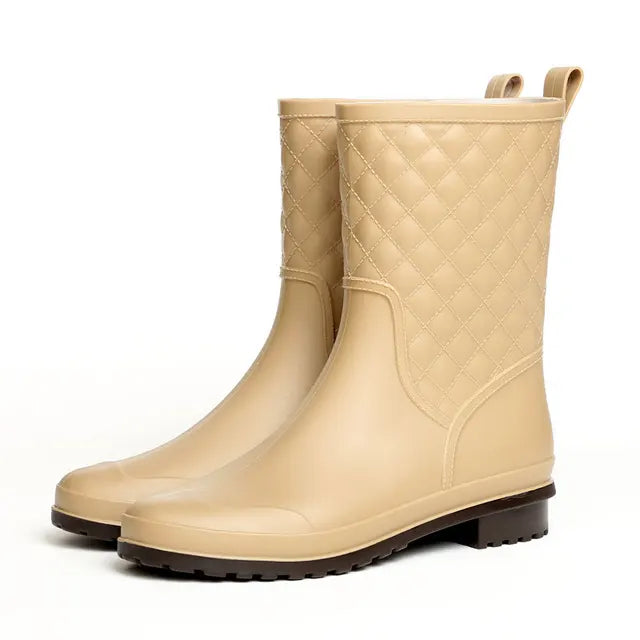 Women's Quilted Mid Calf Block Heel Waterproof Rain Boots