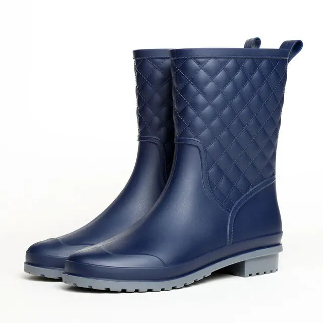 Women's Quilted Mid Calf Block Heel Waterproof Rain Boots
