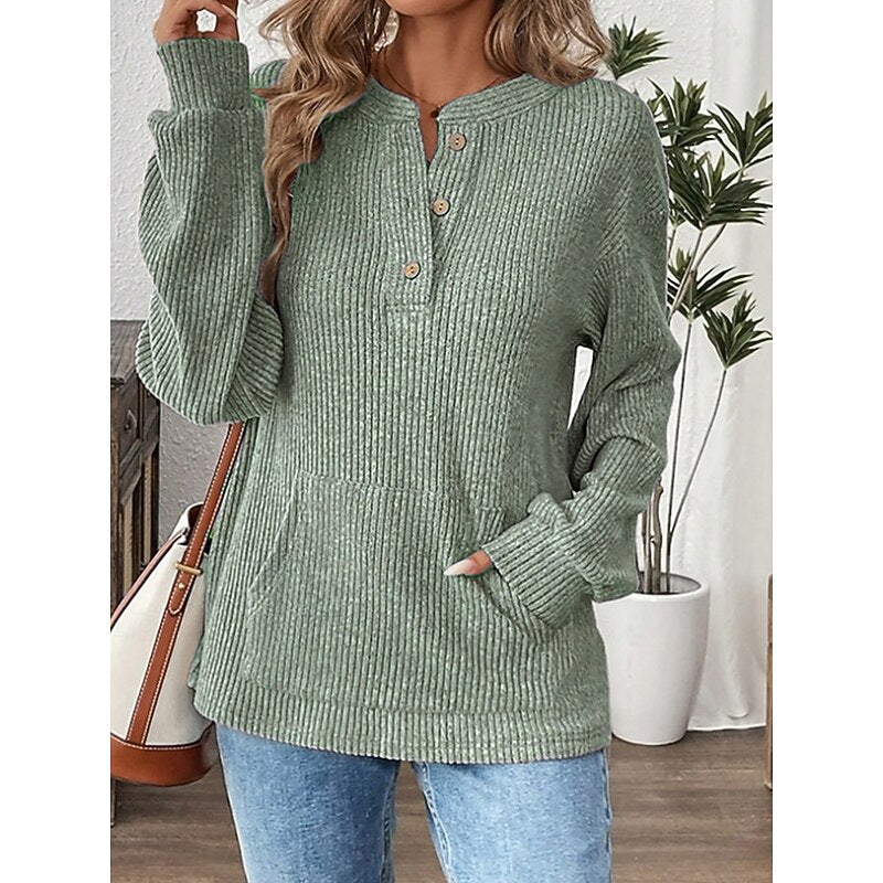 Women's Relaxed Fit Ribbed Knit Button Up Henley Top